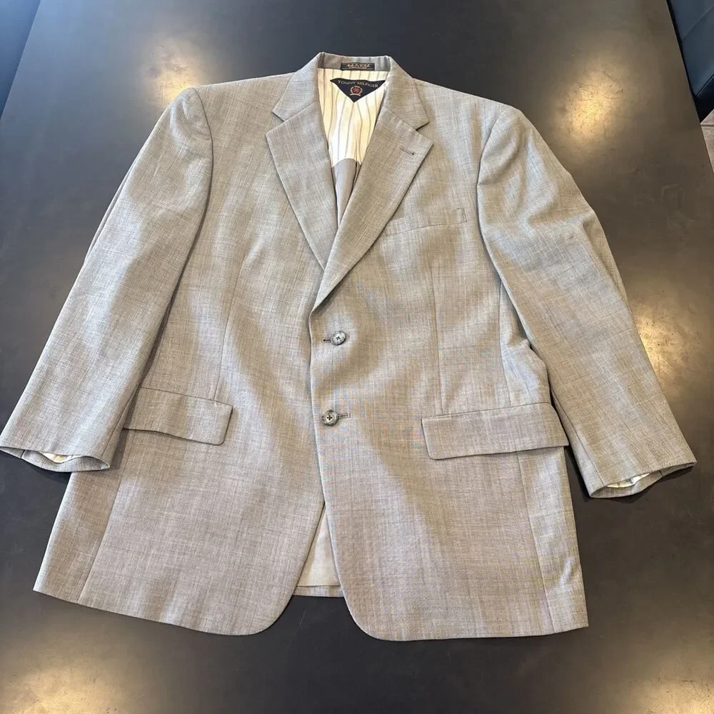 TOMMY HILFIGER Everyday Tan Virgin Wool Suit Sz42R Vintage Made In USA Americana